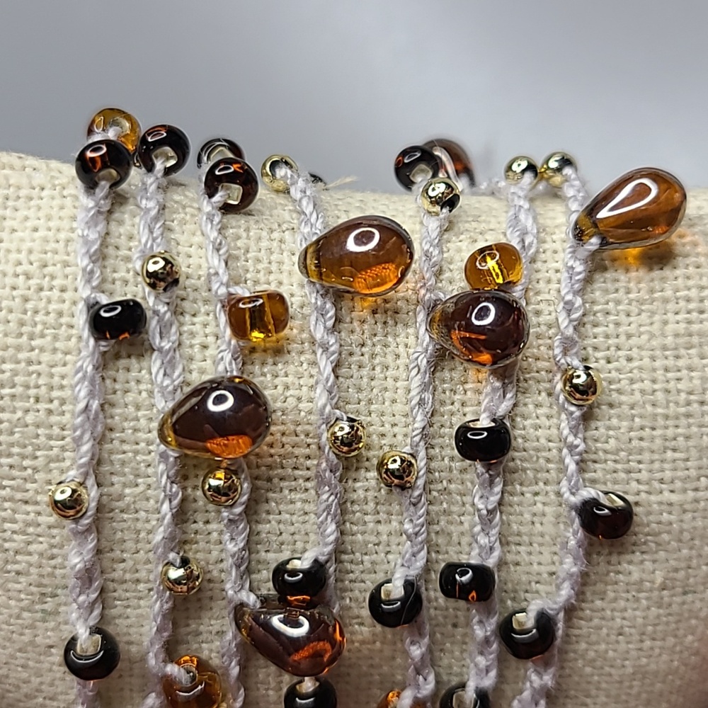 Women's Wrap Bracelet Light Gray Gold Brown Beads Handmade Crochet Everyday Cute - Picture 5 of 6
